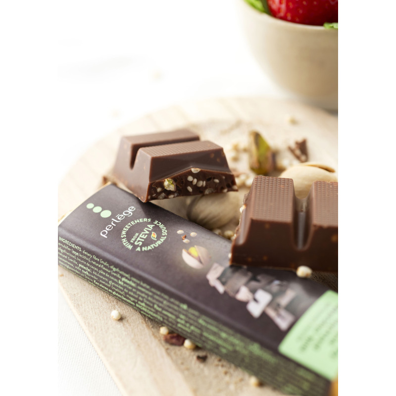 Perlège melkchocolade pistache en quinoa reep (stevia)