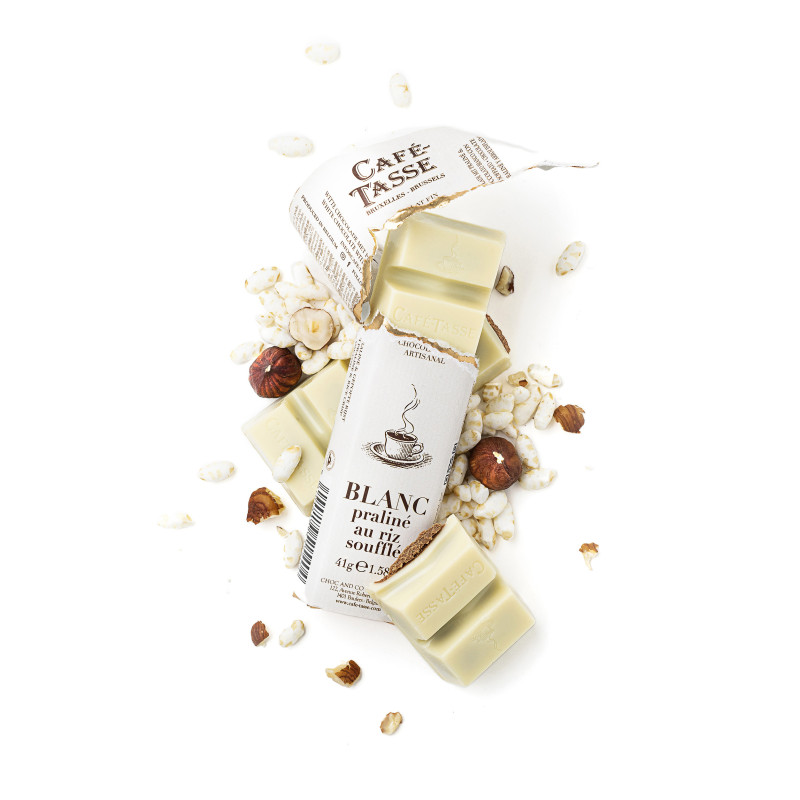 Witte chocolade reep , hazelnoot praliné & gepoffed rijs