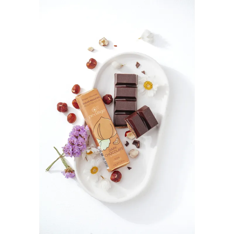 Perlège – Reep pure chocolade hazelnootpraliné met minder suiker, met stevia 42 g – foto 2