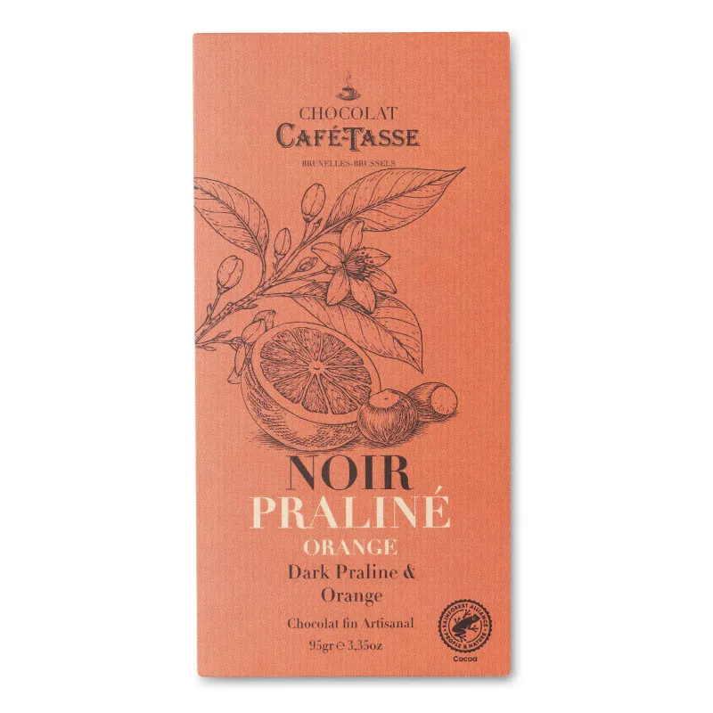Tablette de chocolat noir fourrée praliné noisette & orange 95 g