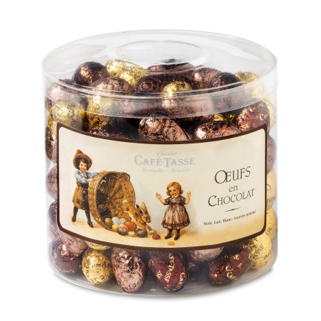 Assortment chocolate eggs, dark, milk, white praliné