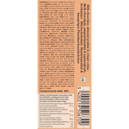 Barre de chocolat au Lait, praliné amandes et crépailletes