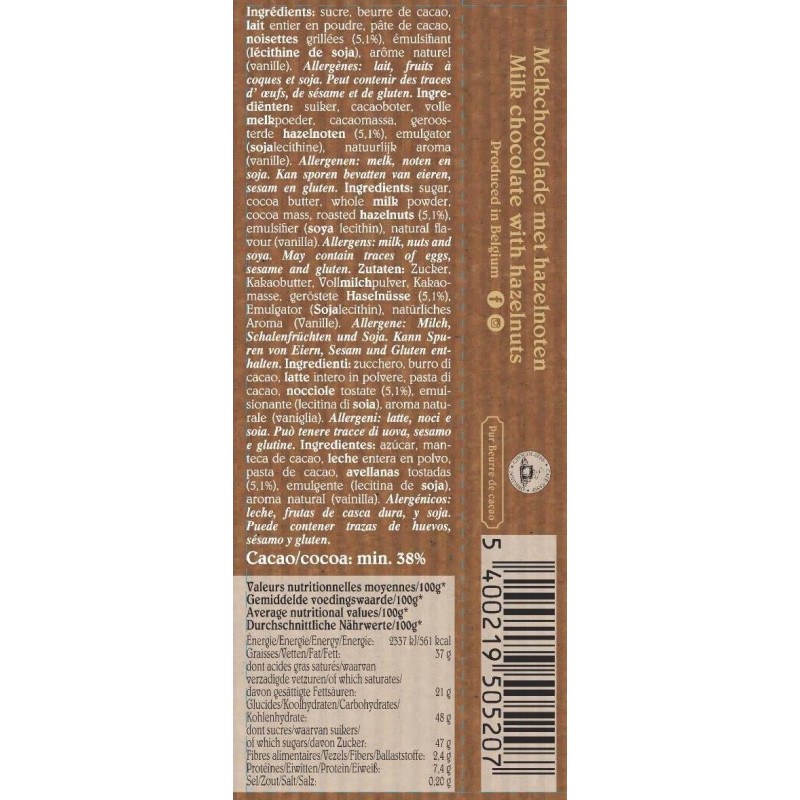 Barre de Chocolat au Lait Noisettes