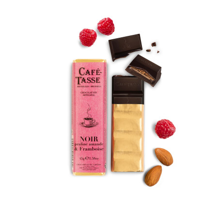 Dark chocolate bar with Almond praliné & Raspberry