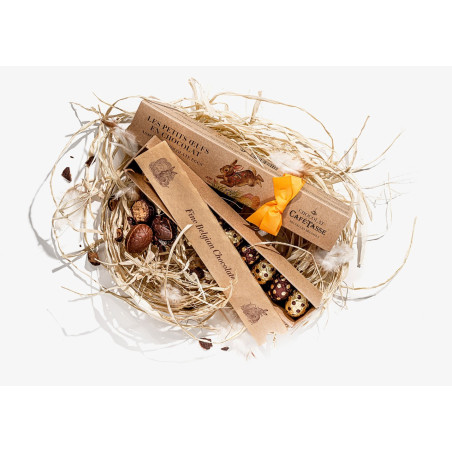 Assorted small eggs dark chocolate praline almonds, crispy pancake & chocolate milk speculoos